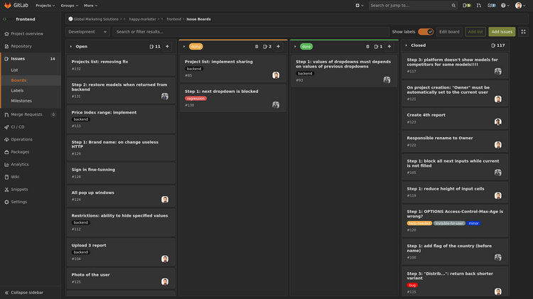 An image of a Gitlab issue tracker in dark mode, showing a kanban-style board. The text is largely too small to be read.